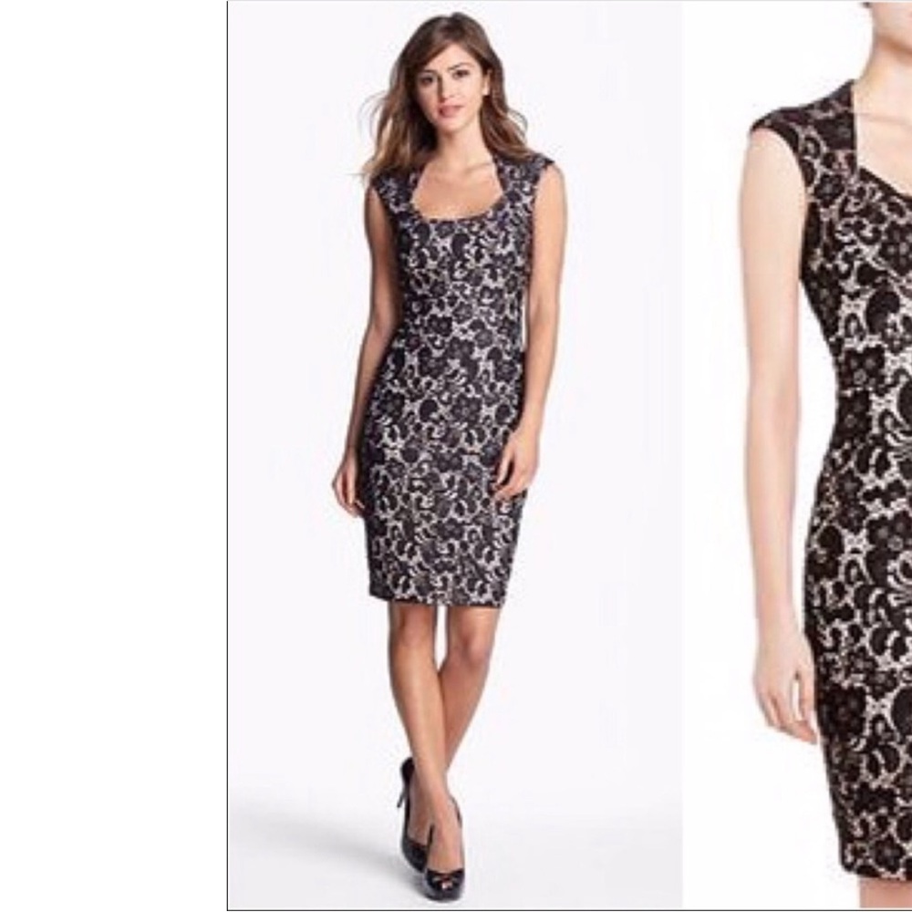 JAX Elegant Black and Nude Form Fitting Lace Dress with Scoop Neckline